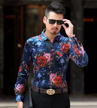 Мужская бархатная рубашка с длинным рукавом, с цветочным принтом