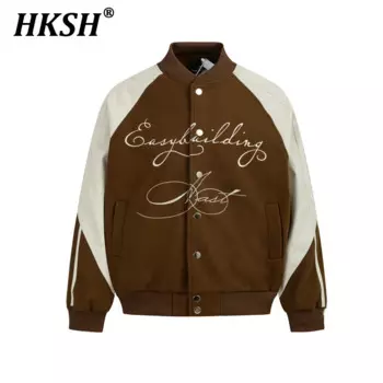 Мужская брендовая куртка HKSH в стиле панк-шик на осень и зиму, новая куртка контрастной расцветки, шерстяное лоскутное пальто с вышивкой для бейсбола HK2676