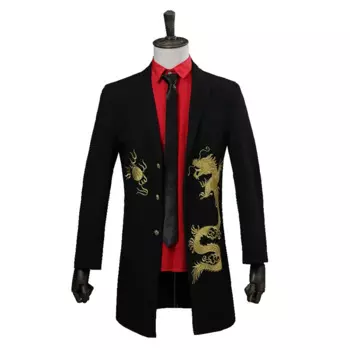 Мужская черная длинная куртка-смокинг с вышивкой дракона/для выступлений на сцене/Студенческая/длинная куртка/Азиатский размер