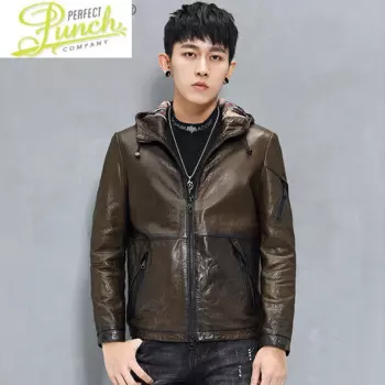 Мужская демисезонная куртка из натуральной овечьей кожи, с капюшоном