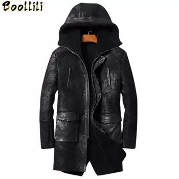 Мужская длинная куртка из натуральной овечьей кожи, с капюшоном