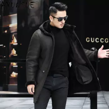 Мужская длинная куртка из натуральной овечьей кожи, с капюшоном