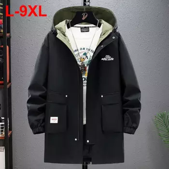 Мужская Длинная ветровка с капюшоном, черная Повседневная Свободная куртка, верхняя одежда, размеры до 9XL, весна-осень