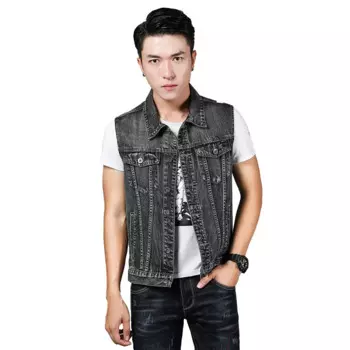 Мужская джинсовая куртка без рукавов, с вышивкой
