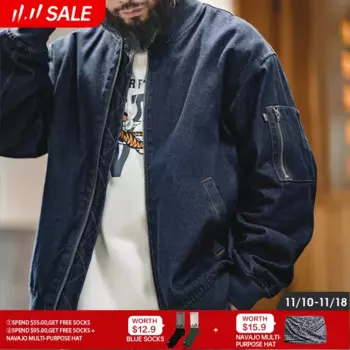 Мужская джинсовая куртка-бомбер Maden, повседневная осенняя куртка-бомбер с Бейсбольным воротником, 8,9 унции