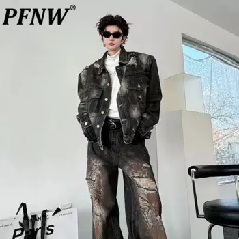 Мужская джинсовая куртка с потертостями PFNW, прямые свободные брюки из денима с дырками, однобортный костюм свободного покроя, лето 20323, 24X4256