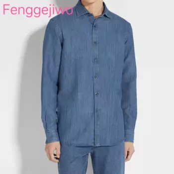 Мужская джинсовая рубашка из хлопка и льна