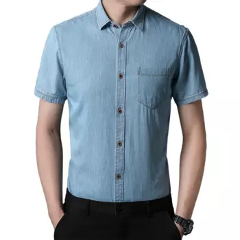 Мужская джинсовая рубашка с короткими рукавами, тонкая хлопковая облегающая эластичная джинсовая рубашка с карманами, цвет голубой, лето