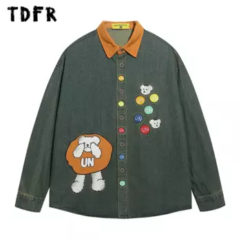 Мужская джинсовая рубашка с вышивкой Little Bear, потертая однобортная рубашка в стиле ретро с отложным воротником и длинными рукавами, уличная одежда