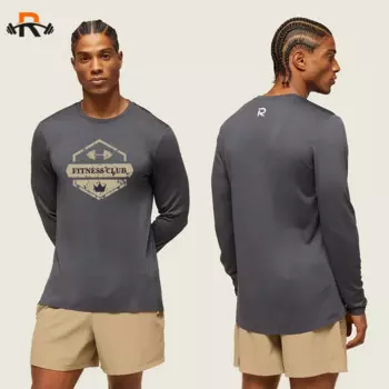Мужская футболка с длинным рукавом и штангой с принтом, топ для фитнеса, солнцезащитный крем, тонкая быстросохнущая дышащая повседневная длинная рубашка, топ для фитнеса больших размеров