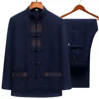 Мужская хлопковая льняная одежда Wu Shu традиционная китайская Ретро рубашка Hanfu с вышивкой и длинными рукавами длинные брюки костюм кунг-фу тайчи