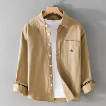 Мужская хлопковая рубашка с длинным рукавом, с вышивкой