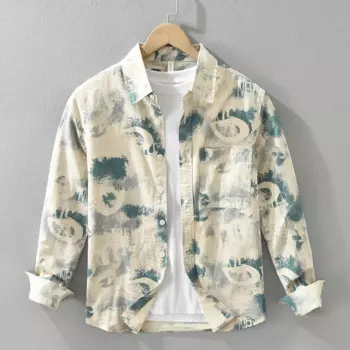 Мужская хлопковая рубашка с длинным рукавом, с принтом