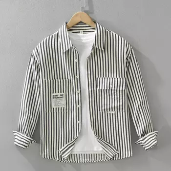 Мужская хлопковая рубашка в полоску, с длинным рукавом