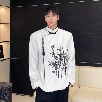 Мужская китайская ретро-куртка с бамбуковой вышивкой и воротником-стойкой, свободная повседневная куртка на весну и осень, Мужская буддийская чайная искусственная куртка