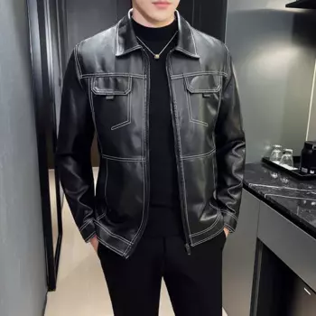 Мужская короткая куртка-поло из ПУ кожи, однотонная Повседневная универсальная куртка большого размера, осень 2023