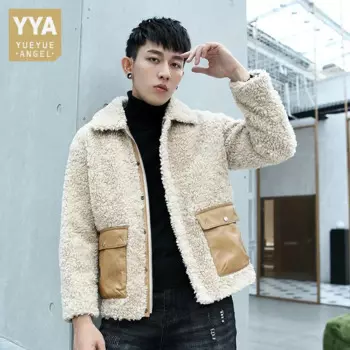 Мужская короткая приталенная куртка из овечьей шерсти, с карманами