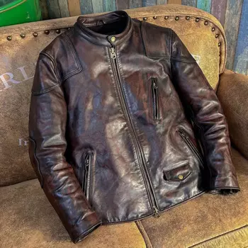 Мужская кожаная байкерская куртка, черная Тяжелая мотоциклетная куртка из натуральной кожи, Размер 5XL, зима-весна 2019