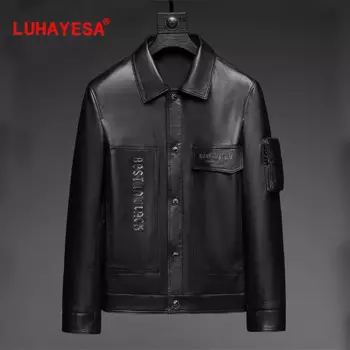 Мужская кожаная куртка, черная Повседневная официальная осенняя куртка из натуральной овечьей кожи, 2022 гарантия