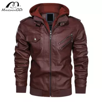 Мужская кожаная куртка MAIDANGDI, мотоциклетный топ со съемной шапкой, нестандартная ветрозащитная куртка из искусственной кожи с карманами