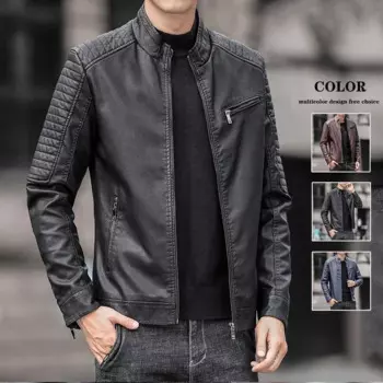 Мужская кожаная куртка, новая трендовая мотоциклетная куртка с воротником-стойкой, приталенная Корейская Молодежная кожаная мужская куртка из искусственной кожи, весна-осень 2024