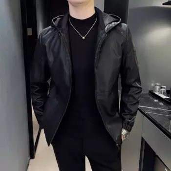 Мужская кожаная куртка с капюшоном в стиле хип-хоп