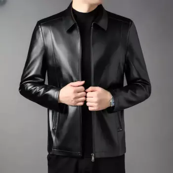 Мужская кожаная куртка с лацканами, черная Повседневная Деловая куртка из натуральной кожи, осень 2023