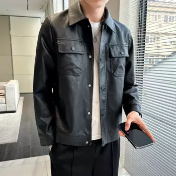 Мужская кожаная одежда, весенне-осенняя новая однотонная трендовая куртка с лацканами на груди, мужская модная кожаная куртка