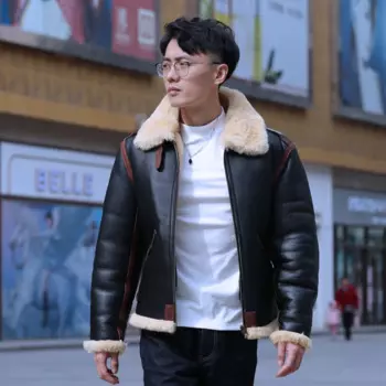 Мужская куртка-бомбер из натуральной кожи, на овчине