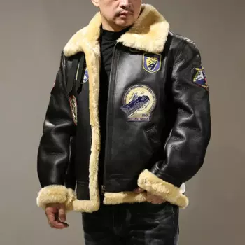 Мужская куртка-бомбер из натуральной овечьей кожи, с мехом