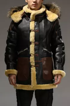 Мужская куртка-бомбер из натуральной овечьей кожи, с мехом