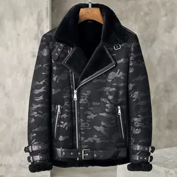 Мужская куртка-бомбер из овчины B3, черная камуфляжная кожаная куртка, мужские зимние пальто, Меховая куртка