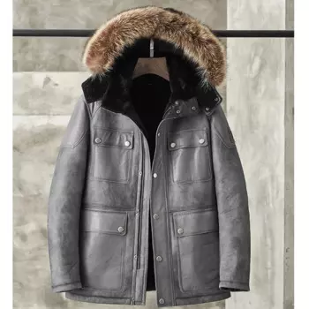 Мужская куртка-бомбер со съемным капюшоном из овчины с воротником из меха енота B3, кожаная куртка-бомбер