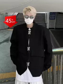 Мужская куртка-бомбер Y2K, с открытыми плечами, с пряжкой