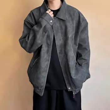 Мужская куртка из искусственной кожи, рабочая одежда, стильная куртка с боковой молнией, модная уличная одежда, универсальная трендовая кожаная повседневная куртка, Мужская одежда