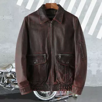 Мужская куртка из натуральной кожи, винтажная коричневая мужская мотоциклетная куртка из телячьей кожи формата А2, куртка-бомбер из воловьей кожи с верхним слоем