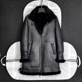 Мужская куртка из натуральной овечьей кожи, черная длинная куртка на шерстяной подкладке, верхняя одежда, Размеры 54 56 58 60, для зимы, 2023