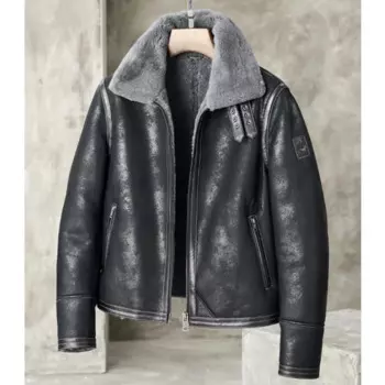 Мужская куртка из овчины, кожаная куртка, черная куртка-бомбер B3