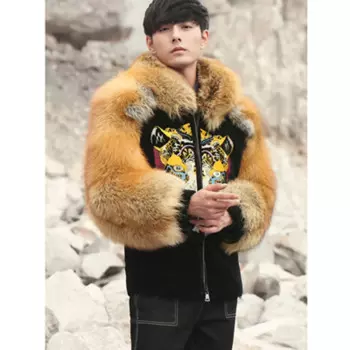 Мужская куртка из овчины, с лисьим мехом, с капюшоном, мужская кожаная куртка, зимнее пальто с вышивкой