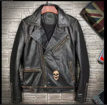 Мужская куртка из воловьей кожи, Классическая брендовая куртка в винтажном стиле, приталенная байкерская куртка с черепом, модная качественная одежда