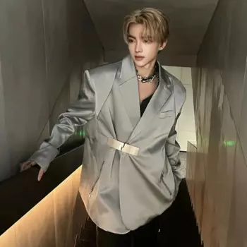 Мужская куртка с серебристой металлической пряжкой, костюмное пальто с подплечной подкладкой, повседневный костюм на молнии, куртка в европейском и американском стиле