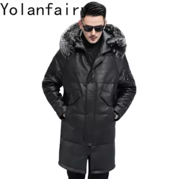 Мужская куртка YOLANFAIRY из натуральной воловьей кожи, зимнее длинное пуховое пальто, куртки с воротником из лисьего меха, размеры, мужская кожаная куртка