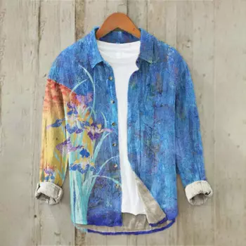 Мужская льняная рубашка с длинным рукавом, с цветочным принтом