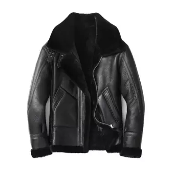 Мужская летная куртка из натуральной овечьей кожи, толстая короткая мотоциклетная куртка с натуральным мехом, зимнее пальто, 2025