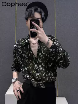 Мужская летняя рубашка с длинным рукавом и цветочным принтом, 2024