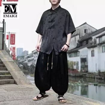 Мужская летняя жаккардовая винтажная свободная повседневная рубашка с коротким рукавом, шаровары, комплекты из 2 предметов, мужские блузки, брюки, спортивные костюмы, костюмы