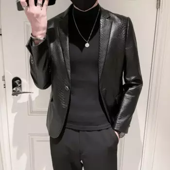 Мужская мотоциклетная кожаная куртка из искусственной кожи, однотонная Повседневная приталенная деловая брендовая модная кожаная куртка, Мужская одежда