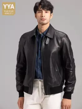 Мужская мотоциклетная куртка из натуральной овечьей кожи, на молнии