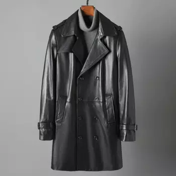 Мужская одежда из натуральной кожи, первый слой из воловьей кожи, Тренч, длинная приталенная деловая куртка