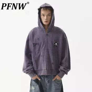 Мужская одежда PFNW, фиолетовая потертая толстовка с капюшоном с микро-Тиснением, мужской кардиган на молнии разрушенной формы 28W5360
